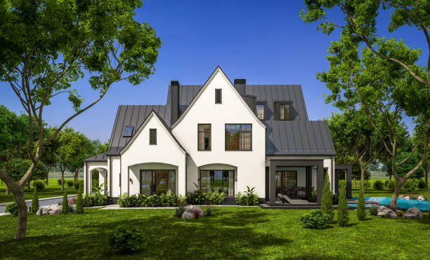istock 3d rendering of white and black modern Tudor house 1435001933