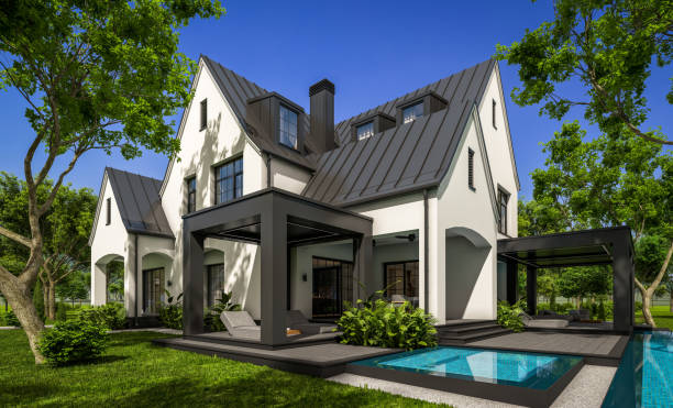 istock 3d rendering of white and black modern Tudor house 1435001934