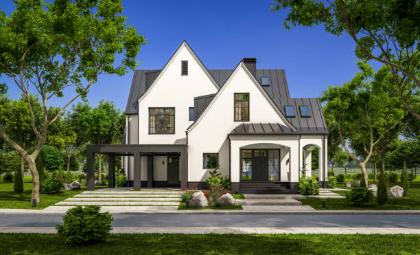 istock 3d rendering of white and black modern Tudor house 1435001941