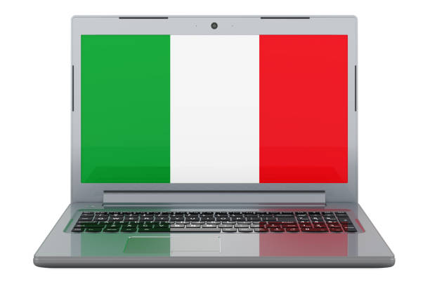 Italian flag on laptop screen. 3D illustration isolated on white background