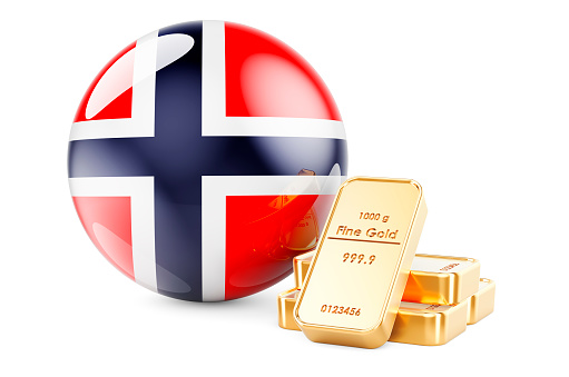 Golden ingots with Norwegian flag. Foreign-exchange reserves of Norway concept. 3D rendering isolated on white background