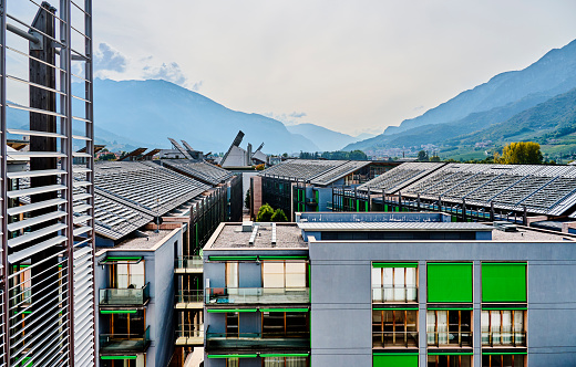 Modern building with renewable energy. Northern Italy 2022 autumn