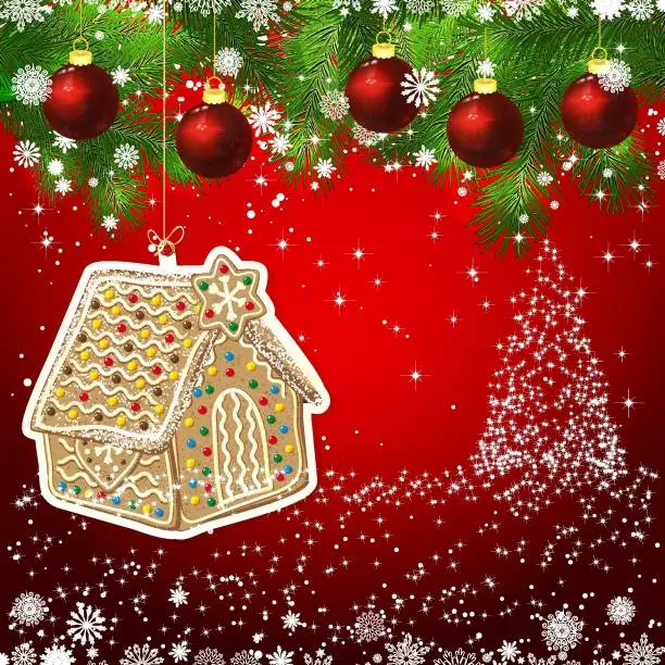 Vector illustration of Vector gingerbread haus New Year design background. Template card whit red Christmas balls on the green branches. Silhouette of a Christmas tree made of stars. Falling snow.  Holiday illustration with place for text.