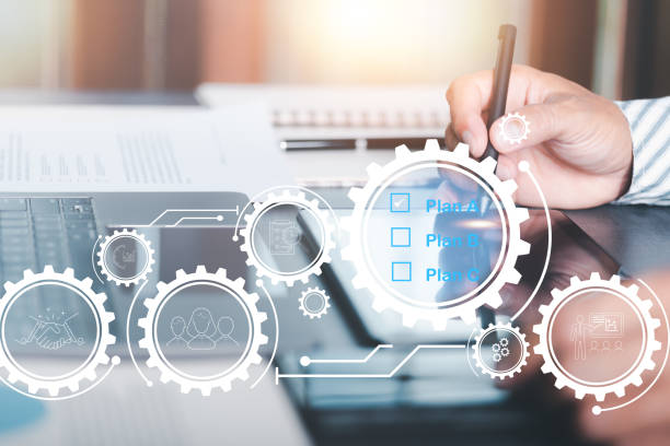 istock Businessman summarizes plans online with a team, efficient planning, stepwise strategy management, workflow optimization. for sustainable growth in the future 1435006092