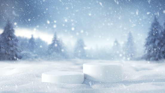 Background Christmas and new year winter holiday concept. Minimal white stage podium with snowfall on snow background, 3d rendering.