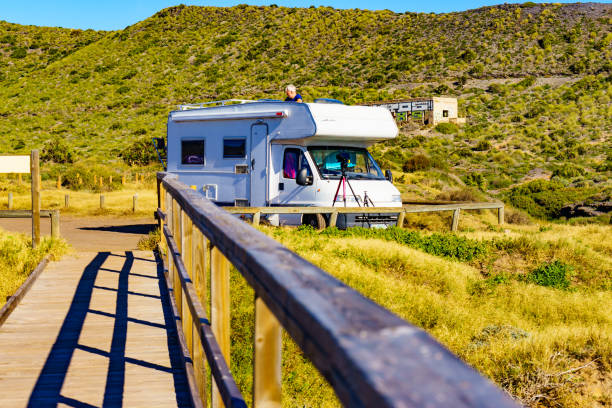 istock Wooden path on beach with camper camping on coast 1435007822