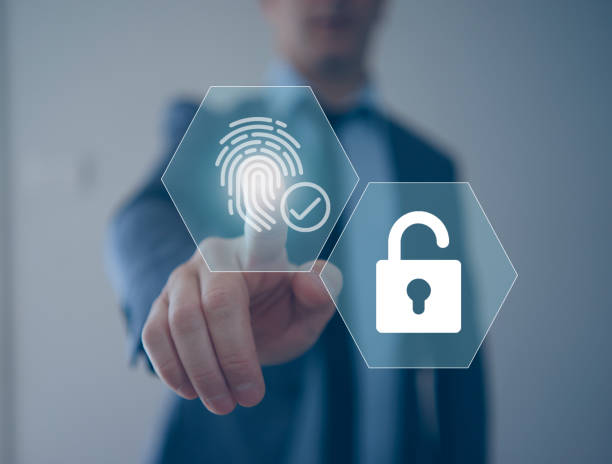 istock A man touches a digital user interface to authenticate with biometrics and fingerprints. Online security concept. 1435009128