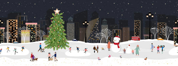 シームレスなパターン冬のシーンの風景、ダークブルーの背景を持つ夜のクリスマスイブ、ベクター無限の水平バナー冬のワンダーランド、都市公園で大脳化する人々、新年の背景 - christmas winter snowflake new years eve点のイラスト素材／クリップアート素材／マンガ素材／アイコン素材