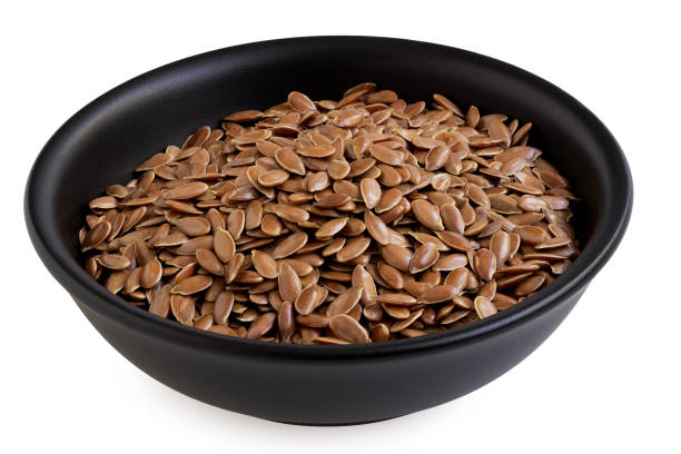istock Flax seeds in a black ceramic bowl. 1435014560