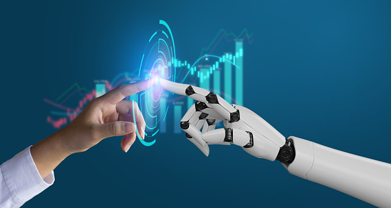 IA, aprendizaje automático, mano robótica ai inteligencia artificial asistencia humana tocando en big data fondo de conexión de red, ciencia inteligencia artificial tecnología, innovación y futurista. photo
