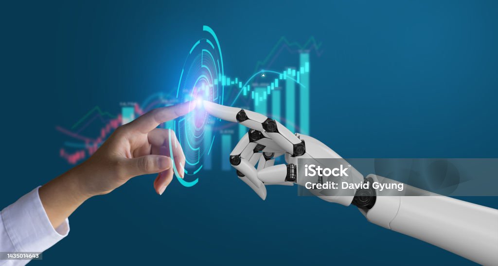 AI, Machine learning, robot hand ai artificial intelligence assistance human touching on big data network connection background, Science artificial intelligence technology, innovation and futuristic. Artificial Intelligence Stock Photo