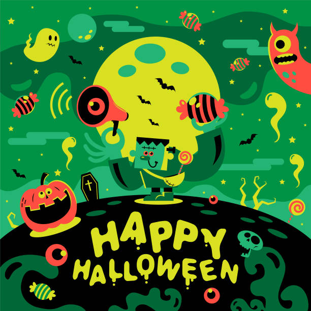 ilustrações de stock, clip art, desenhos animados e ícones de frankenstein holding a megaphone in his hand stands on the hill and says it’s halloween time - full moon audio