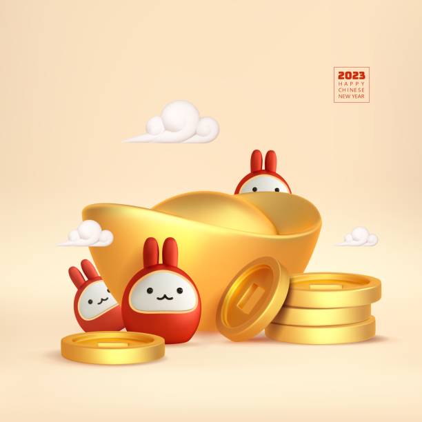 happy chinese new year 2023 background. 3d cute lunar red rabbit, chinese golden ingot and coins. traditional holiday lunar new year. cartoon vector illustration - 2023 midautumn festival 幅插畫檔、美工圖案、卡通及圖標