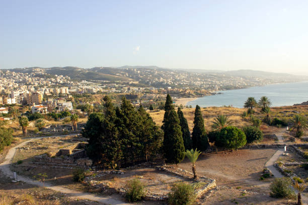 Wide Aerial Panoramic view from Byblos Citadel, Byblos Castle, with Harissa Mountain and Jounieh bay, Jbeil, Lebanon