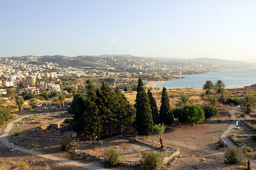 Wide Aerial Panoramic view from Byblos Citadel, Byblos Castle, with Harissa Mountain and Jounieh bay, Jbeil, Lebanon