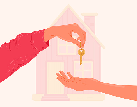One hand passes the key to the other one with house on the background. Vector illustration concept of buying or renting house