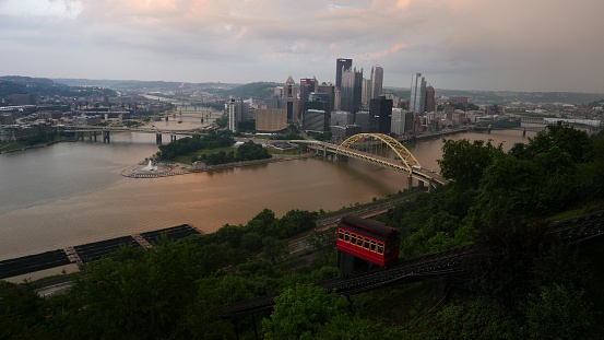 A scenic view of a river with a bridge and shoreline skyscrapers and trees, Pittsburgh, Pennsylvania