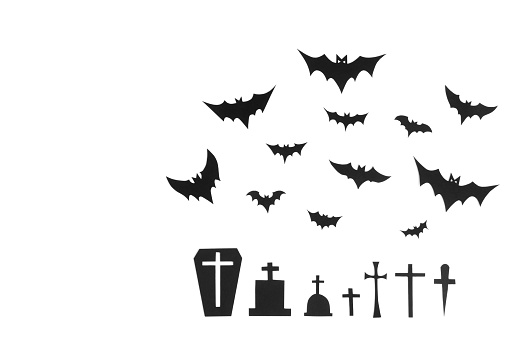 Happy halloween, Bats flying, christian cross and grave make from paper cut on white background, Decorative Halloween concept