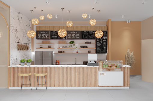 Empty Modern Cafe Interior With Coffee Maker.Cake Desserts In Showcase