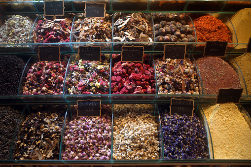 Variety of spices at Anjuna flea market in Goa, India