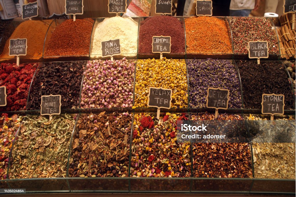 Various herbal teas Various herbal teas on the market Basket Stock Photo