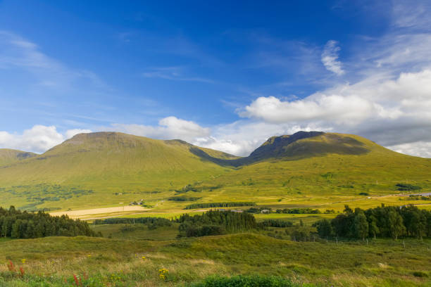 View looking across a valley to a small mountain range in Scotland, UK