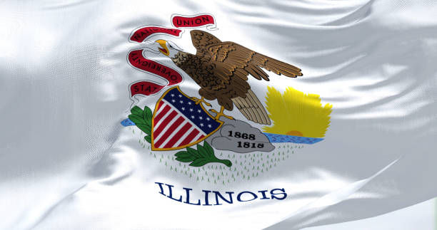 Close-up view of Illinois state flag waving in the wind on a clear day Close-up view of Illinois state flag waving in the wind on a clear day. Illinois is a state in the Midwest of the United States. Us state flag. 3D render springfield new jersey stock pictures, royalty-free photos & images