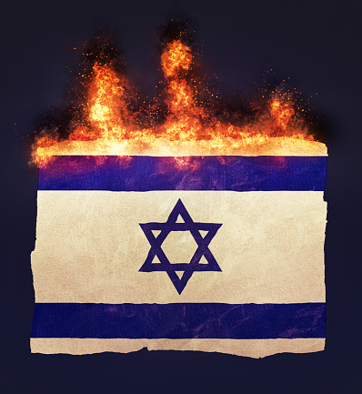 Flag of Israel going up in flames.
