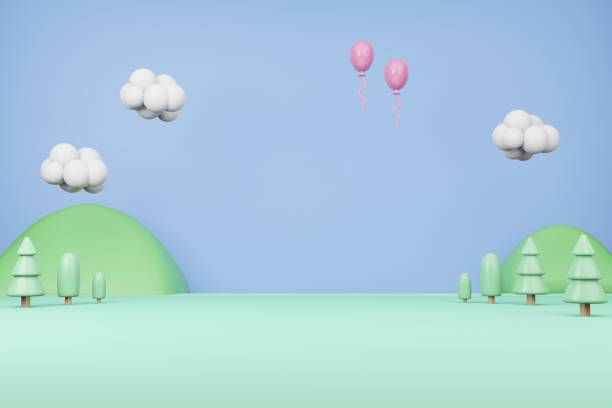 istock Cartoon Cute Background 3D illustration Rendering, Mountain Cloud Balloon Grass field in pastel color 1435026408