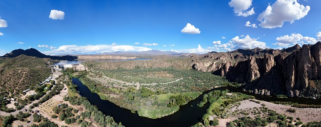 The Lower Salt River, Stewart Mountain, Stewart Mountain Dam, Saguaro Lake and the Four Peaks Mountain Range, all in one panoramic image.