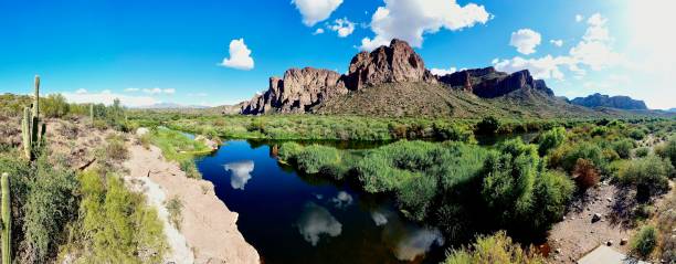 Saguaro’s, The Salt River & The Bulldog Mountain Range An early afternoon pano of the towering Bulldog Mountains and the lower Salt River reflecting the sparse clouds below. river salt stock pictures, royalty-free photos & images