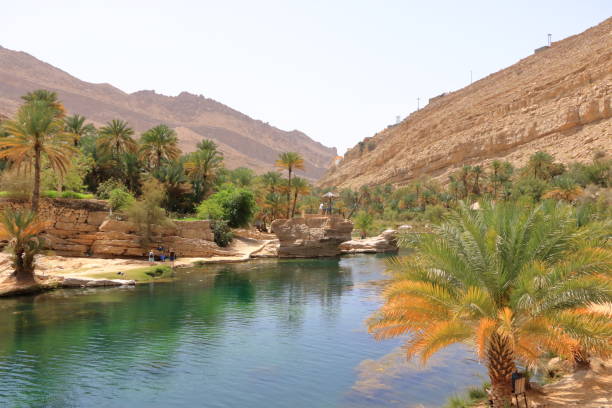 the spectacular nature of Wadi Bani Khalid March 21 2022 - Wadi Bani Khalid, Oman: People enjoy the spectacular nature of Wadi Oman stock pictures, royalty-free photos & images