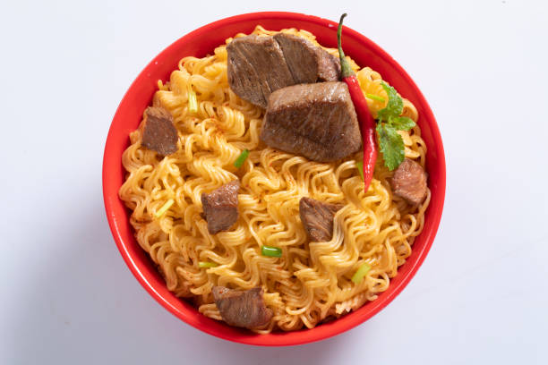 plane, chicken, egg, beef, prawn instant noddle's isolated on white background for design or packaging