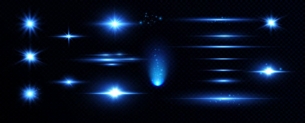 ilustraciones, imágenes clip art, dibujos animados e iconos de stock de partículas brillantes, luces azules ardientes, estrellas, láseres. vector. - energy exploding magic light
