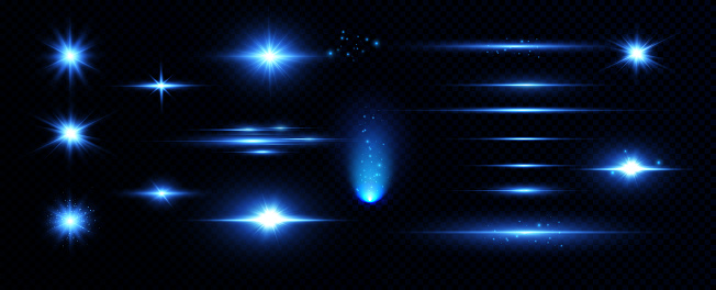 Bright particles, burning blue lights, stars, lasers. Vector