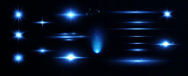 Vector illustration of Bright particles, burning blue lights, stars, lasers. Vector.
