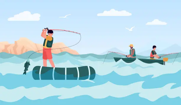 Vector illustration of Catching fish sport and hobby. People in inflatable boats holding rod with fish. Men having recreation on holiday