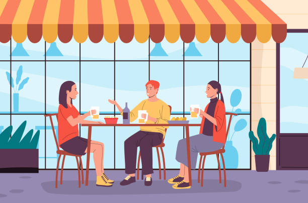 menschen im café im freien. mann und frau sitzen am tisch, essen pommes frites und trinken bier. freunde kommunizieren - freunde imbiss großstadt stock-grafiken, -clipart, -cartoons und -symbole