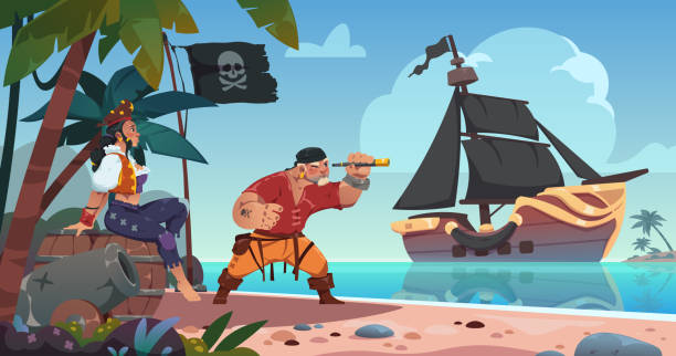 illustrations, cliparts, dessins animés et icônes de pirates sur une île tropicale. paysage marin avec bateau pirate et personnage masculin regardant des lunettes espions. femme de dessin animé assise sur un tonneau en bois - nautical vessel cannon coastline crane