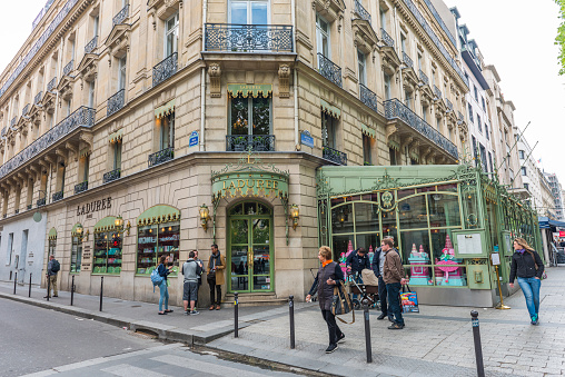 Laduree store on the Champs-Elysees Avenue. Laduree is a French luxury bakery and It is one of the world's best-known premier sellers of the double-decker macaron.