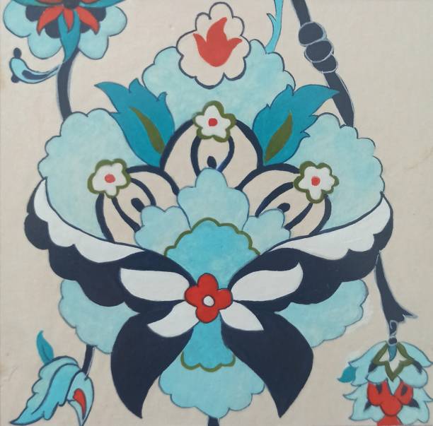 istock turquoise navy blue red tulip pattern I made with my own drawing and brush with experiments 1435032817