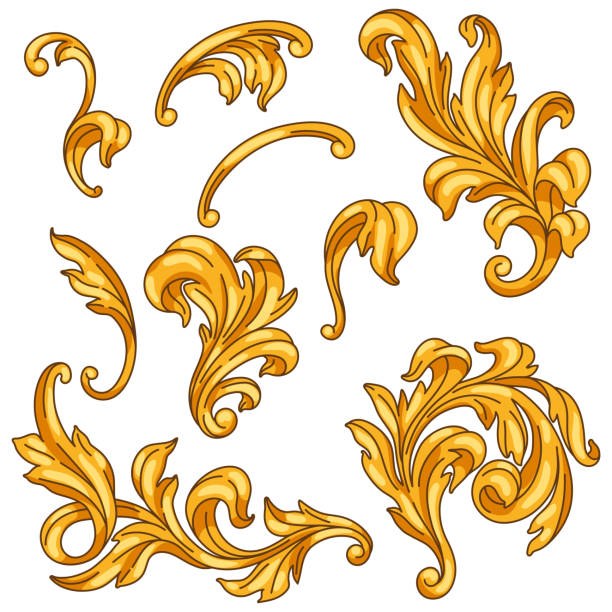 illustrations, cliparts, dessins animés et icônes de ensemble décoratif d’éléments floraux de style baroque. plante de curling dorée. - swirl squiggle scroll shape decoration