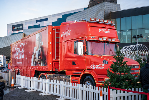 Glasgow, Scotland - The touring Coca-Cola Christmas truck on display outside Silverburn shopping centre in Glasgow.
