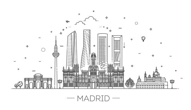 ilustraciones, imágenes clip art, dibujos animados e iconos de stock de estandarte del skyline de la ciudad de madrid en línea plana estilo trendy. arte de la línea de la ciudad de madrid - madrid