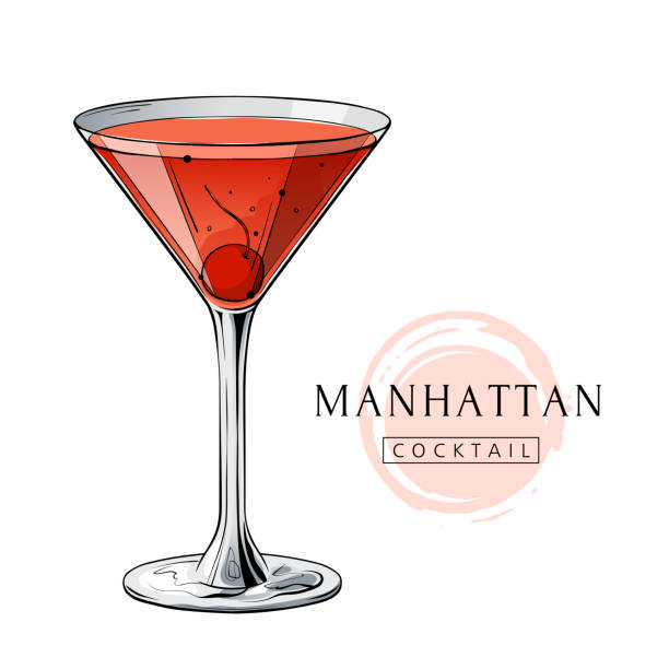 illustrazioni stock, clip art, cartoni animati e icone di tendenza di cocktail manhattan, bevanda alcolica disegnata a mano con ciliegia. illustrazione vettoriale su priorità bassa bianca - manhattan