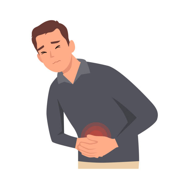 Young unhealthy man suffer from stomach ache or gastritis. Unwell male touch belly struggle with abdominal pain. Flat vector illustration isolated on white background Young unhealthy man suffer from stomach ache or gastritis. Unwell male touch belly struggle with abdominal pain. Flat vector illustration isolated on white background dyspepsia stock illustrations