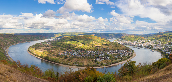 Bend of River Rhine with Filsen village and town of Boppard, Rhineland-Palatinate, Germany, high dynamic range panorama