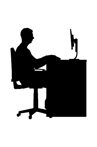 Vector silhouette freelancer man is working with a laptop sitting at a table . Conceptual scene, element for design