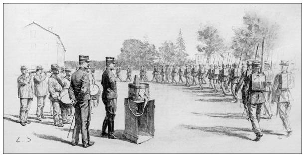 Antique image: Military academy school in Saint Maixent, marching