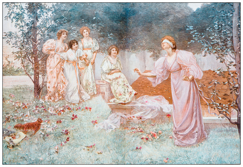 Antique image: Painting, girls playing outdoors